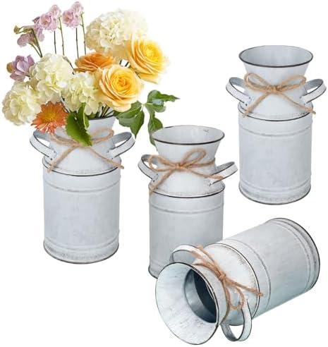 Biugaaufai 4 Pack Metal Flower Vase, Galvanized Metal Milk Can, French Rustic Milk Jug Planter, Farmhouse Decorative Flower Vase, Farmhouse Metal Vases for Home, Fireplace, Cabinet, Bathroom Decor