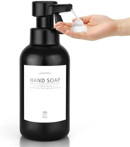 Automatic Soap Dispenser Foam for Bathroom: 16 OZ Touch Dispense Plastic Black Modern Large Foaming Soap Dispenser for Kitchen - Hand Dish Lotion Countertop Couple Kids Home - Waterproof Labels