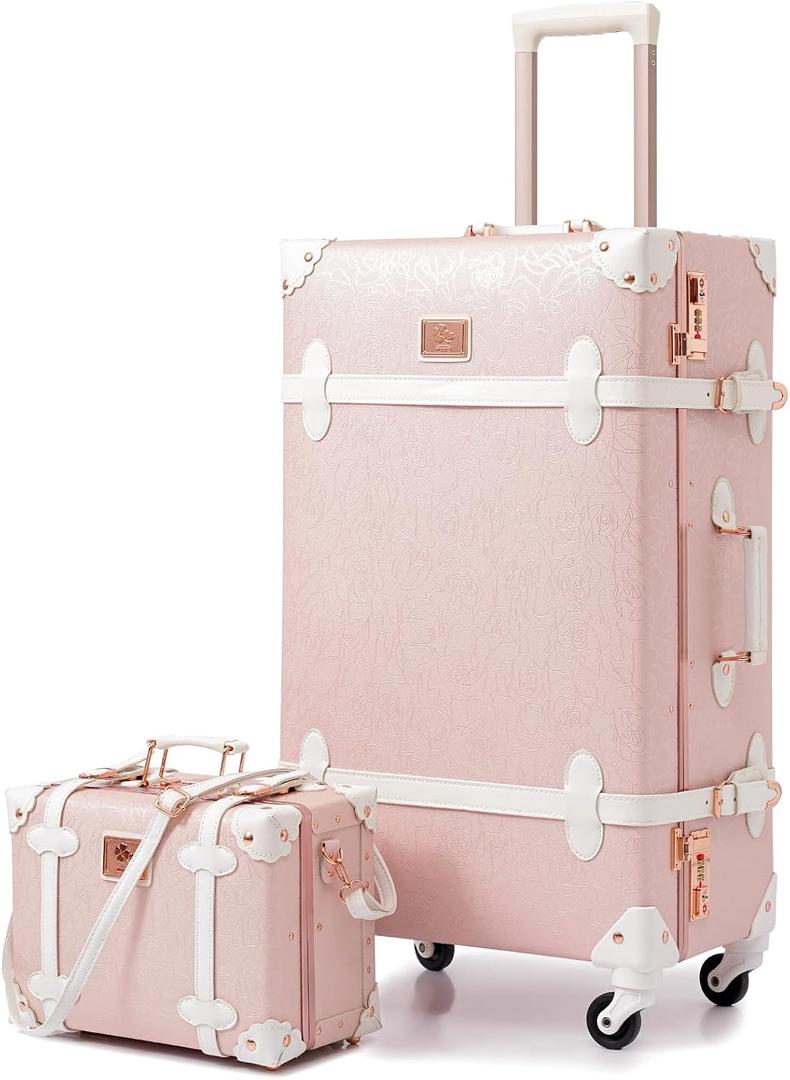 urecity 26" Vintage Luggage Set, 2 Piece Elegant Pink Retro Checked Suitcase with Cosmetic Case, Luxury Vegan Leather Aluminum Frame Spinner Trunk for Women (with Protective Clear Cover), 26"+12"