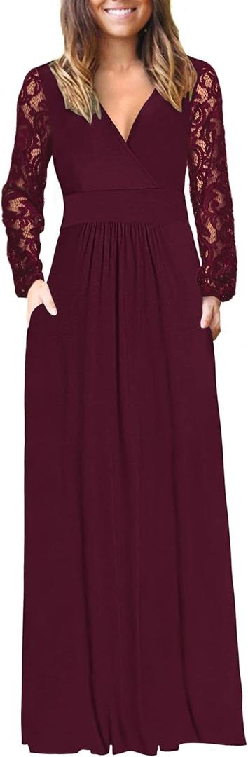 AUSELILY Womens Long Sleeve Maxi Dress 2026 Fall Lace Long Sleeve Dress V Neck Wrap Waist Long Dresses with Pockets, Size XL, Wine Red