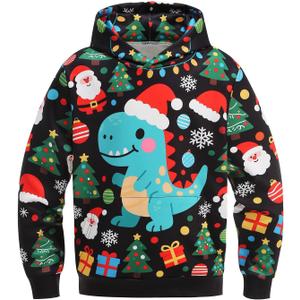 GRAJTCIN Kids Ugly Christmas Sweater for Boys Girls, Long Sleeves Hoodies Non-knited Sweatshirt (Black, XL)