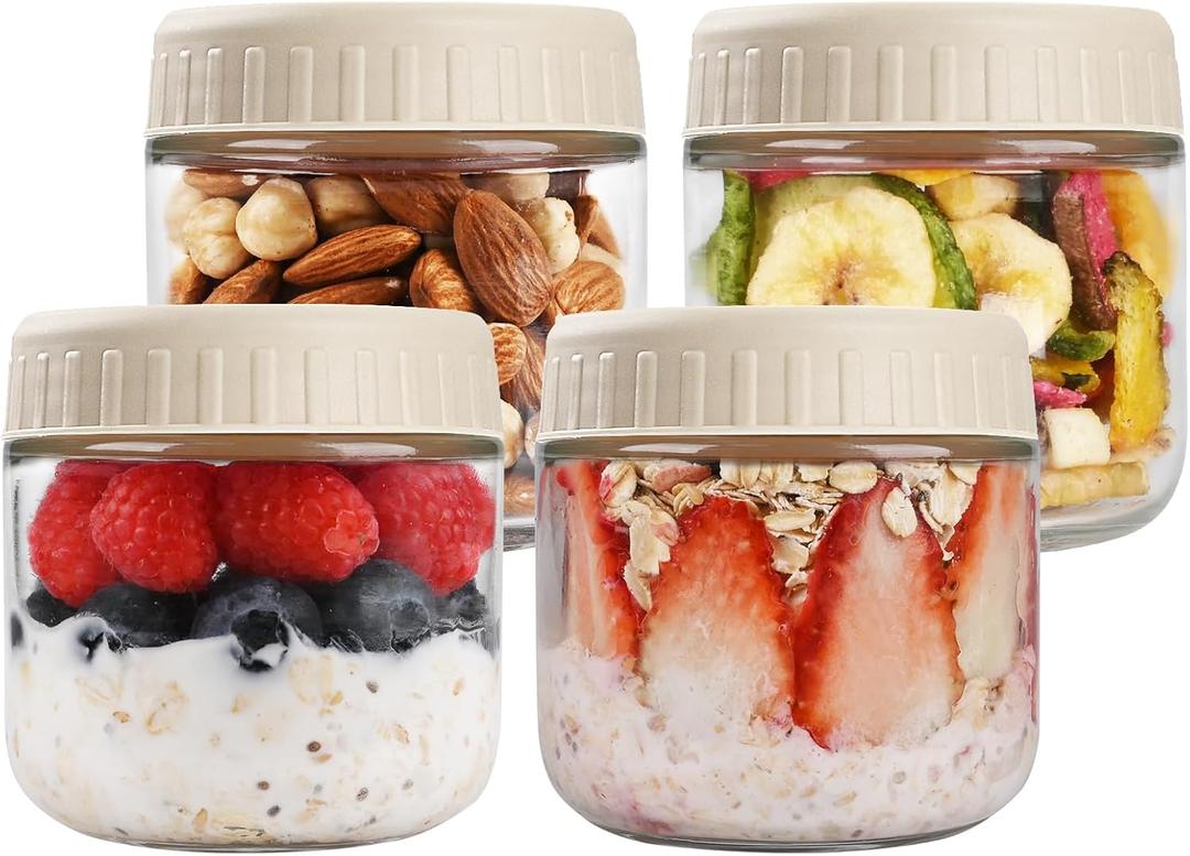 SHOWIN Overnight Oats Containers with Lids, 10oz Glass Jars with Lids 4 pcs, Apricot, Wide Mouth Mason jars for Salad, Yogurt, Snacks, Meal Prep (Camel)