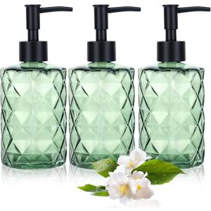 3 Pack Green Glass Soap Dispenser Set with Black Pump, 13.5oz Refillable Liquid Soap Dispenser, Premium Lotion & Dish Soap Bottle for Kitchen, Bathroom Vanity, Hotel Decor