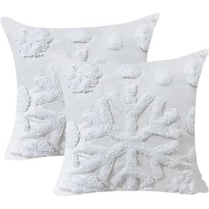 NIDITW Set of 2 Christmas Snowflake Decorative Tufting Throw Pillow Cover 18x18 Inches Embroidered Square Cushion Case Cotton Linen Jacquard Fluffy Farmhouse Home Decor for Couch Sofa Bed (Snowflake)