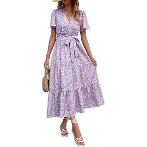 MASCOMODA Womens Summer Swiss Dot Maxi Dressses Wrap V Neck Flutter Short Sleeve Boho Casual Flowy Long Wedding Guest Dress
 ( M)