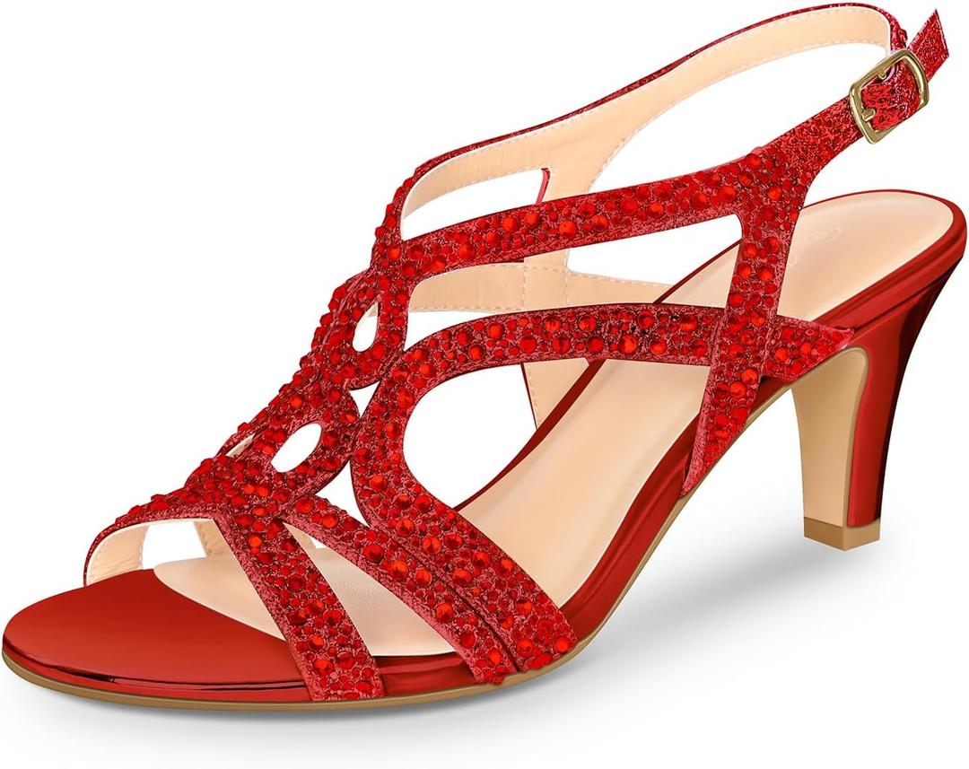 PIZZ ANNU Women's Amelia Heels Sandals Sparkle Crystal Open Toe Slingback High Heel Sandals Dress Pumps Shoes for Party Wedding (8.5, Red)