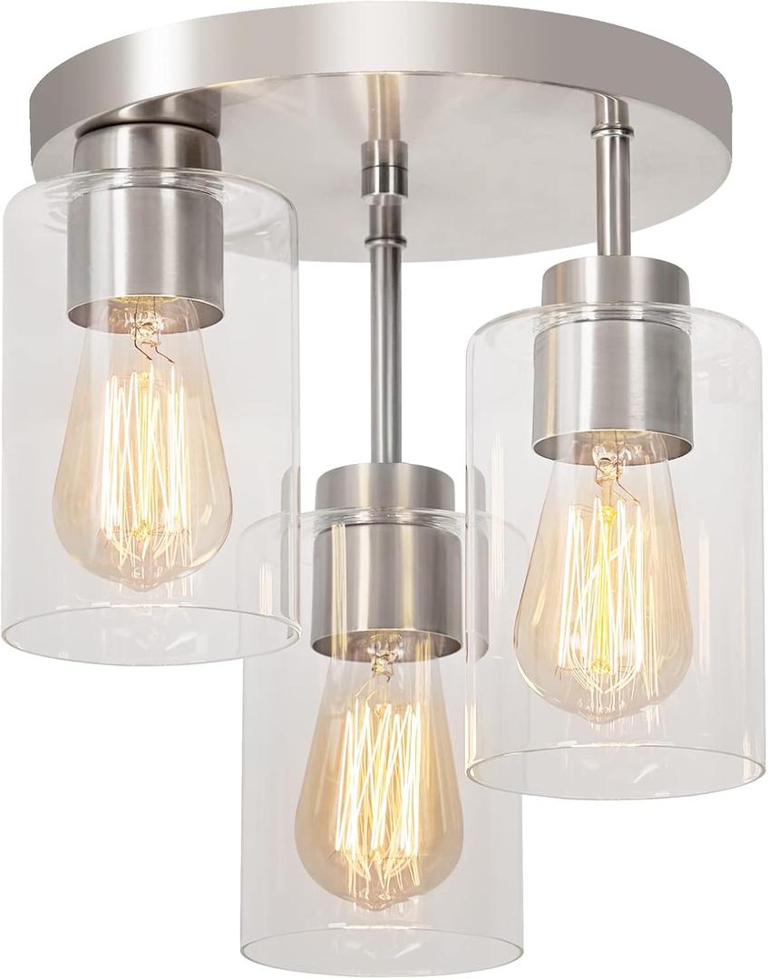 Semi Flush Mount Ceiling Light 3-Light Brushed Nickel Flush Mount Ceiling Light Fixtures with Clear Glass Shade, Modern Kitchen Ceiling Light for Bedroom Stairs Porch Hallway Entryway