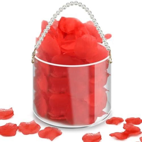 Flower Girl Basket,Wedding Basket with Pearl Handle,Clear Acrylic Basket,with Silk Red Rose Petals, Suitable for Wedding,Party,Home Decorations