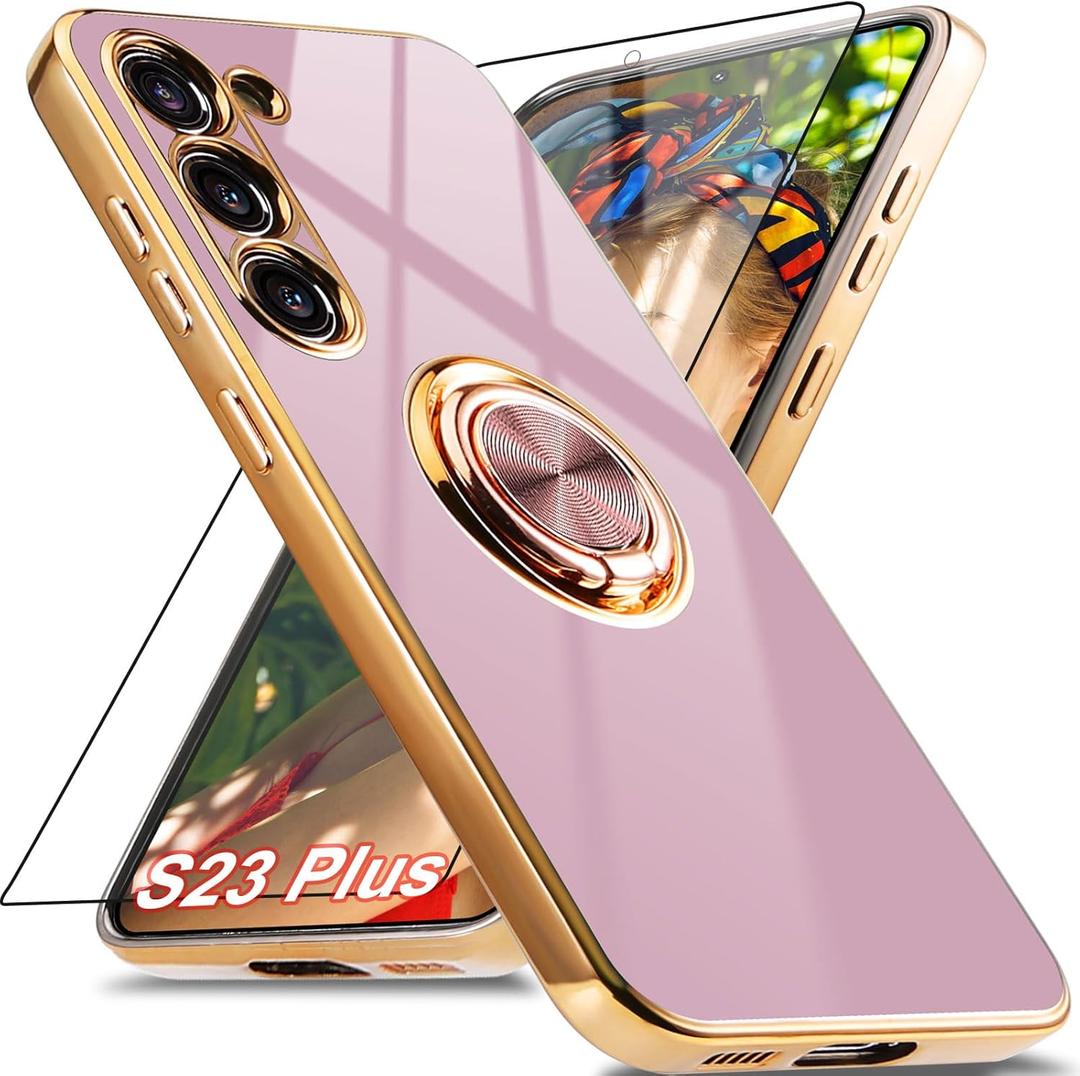 for Samsung Galaxy S23 Plus Case with 1 Screen Protector, Built-in 360 Rotation Ring Holder Magnetic Stand, Luxury Shiny Plating Edge Shockproof Electroplated Protective Cover (Purple/Golden)