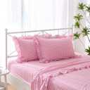 K MASANIJI Pink White Plaid Ruffle Sheets Queen Size 4-Piece Set, 300TC 100% Yarn Dyed Cotton Sheets 18 in Deep Pocket Classic Gingham Decorative Bedding (Pink/White Plaid, Queen)