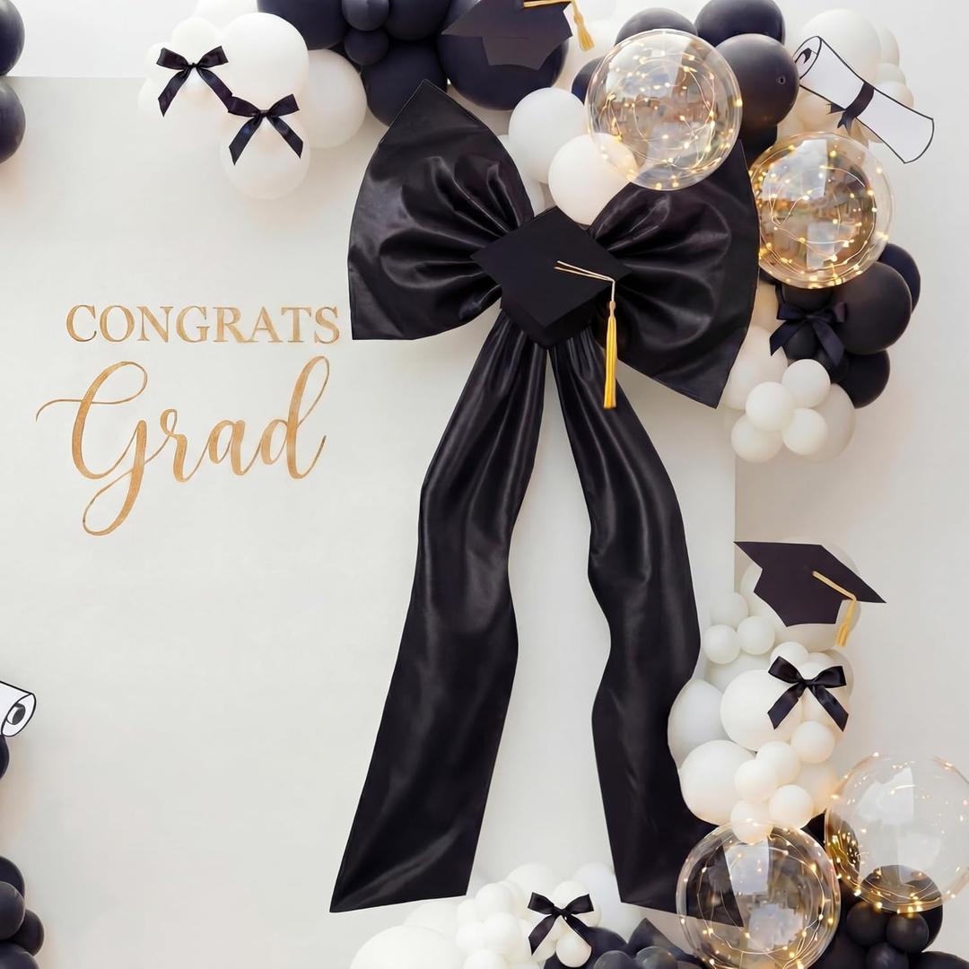 2026 Large Black Bow Graduation Porch Decoration 26 x 59 Inch Coquette Black Ribbon Bow Party Decorations Giant Congrats Grad Backdrop Wall Decor for Graduation Entryway Outdoor Party Decorations