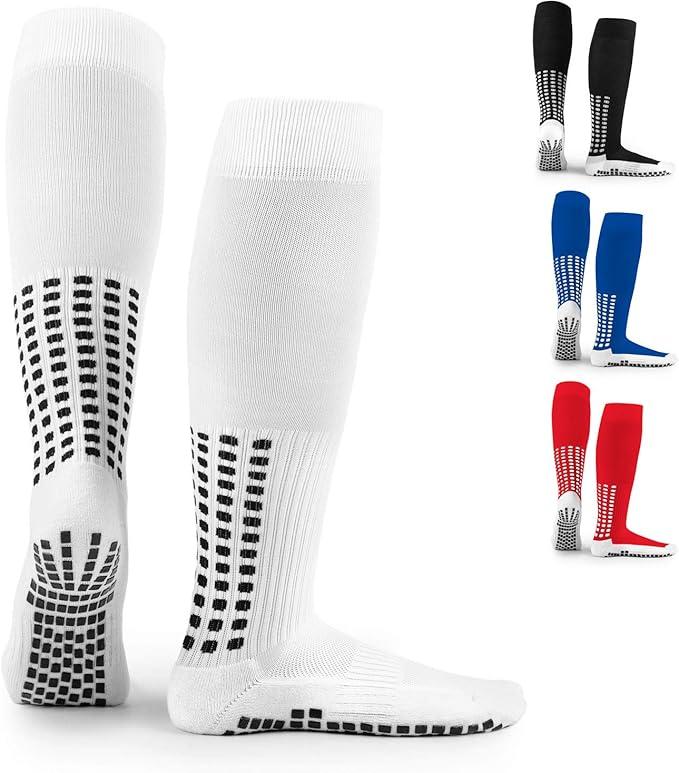 LUX Anti Slip Soccer Knee Socks,Non Slip Football/Basketball/Hockey Sports Grip Socks (White)