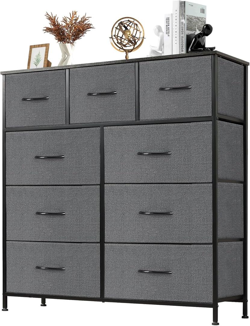 Sweetcrispy Dresser with 9 Drawers for Bedroom, Fabric Dresser Storage Tower, Chest of Drawers Organizer Unit, Storage Cabinet for Hallway, Closets, Steel Frame, Wood Top (Grey)