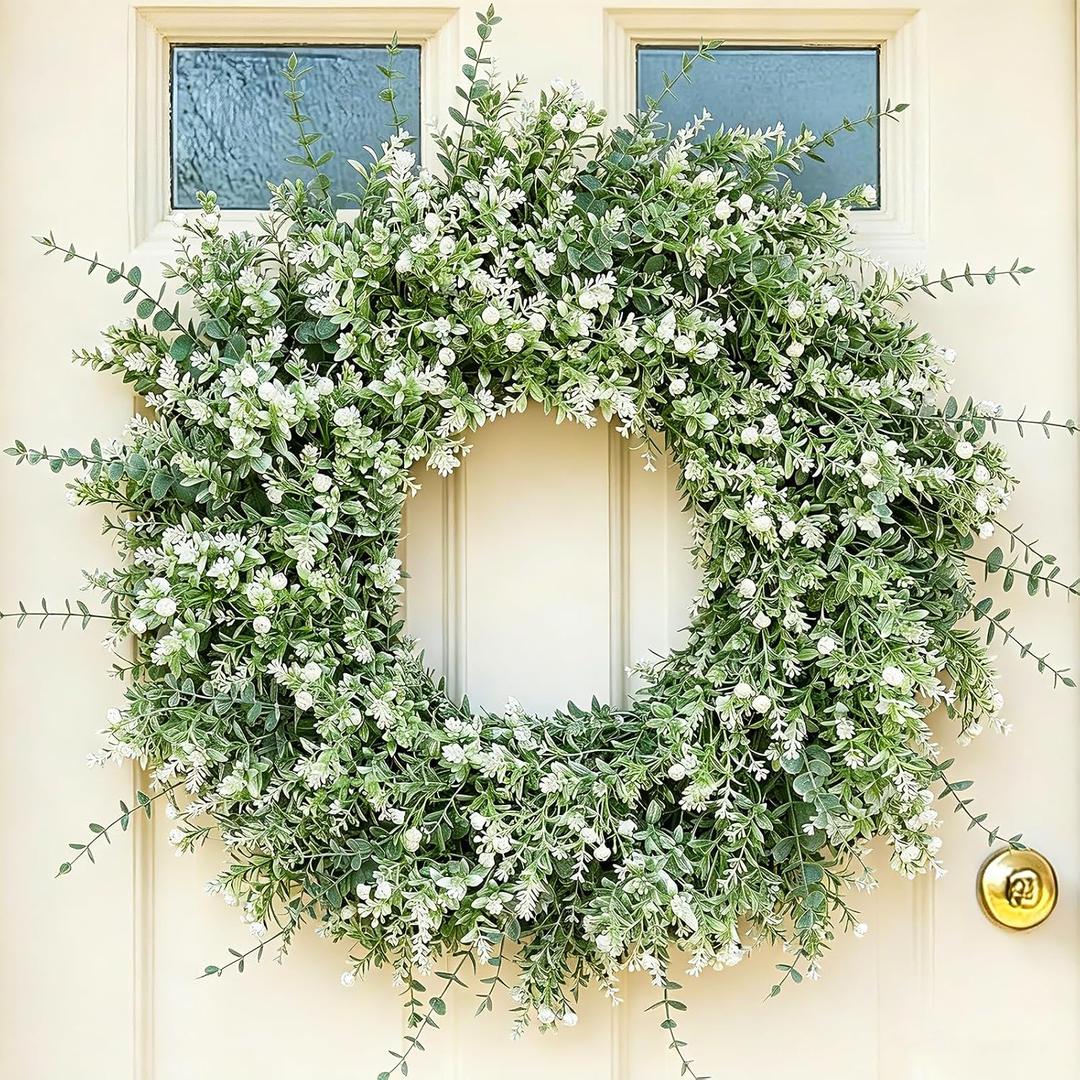 26'' Summer Wreath for Front Door, Porch- Artificial Eucalyptus, with Babys Breath Flowers Large Wreath for Home, Farmhouse Wall Decor, Green White