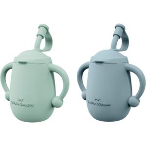 Cuddle Campus Pack of 2 Silicone Baby Training Cup, Shatterproof Toddler Sippy Cups with Straw, Open Cup for Baby, 6+ Months 5 Oz (Boothbay Gray+Sage)