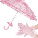 Solnique Mini White/Pink Lace Parasol with Floral Gloves, Vintage Lace Umbrella for Wedding Decor, Tea Party & Photography Props