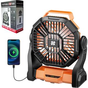 Portable Camping Fan Rechargeable Battery Operated Fans with Light 4 Speeds & Hook, USB Rechargeable Outdoor Camping for Tent, Orange