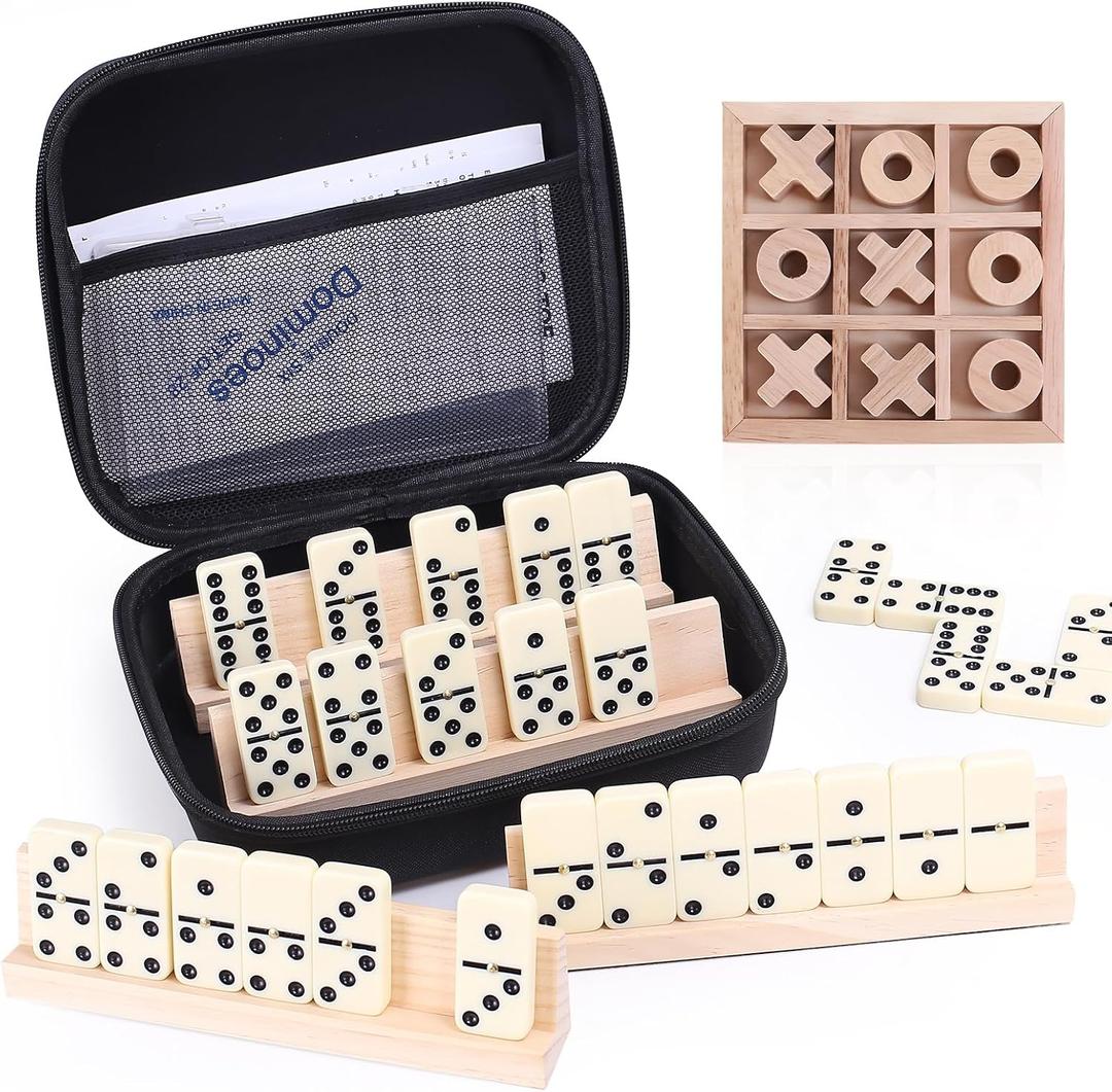 Dominoes and Tic Tac Toe Game Set, 28 Tiles Dominos with 4 Wooden Racks, Wood Tic Tac Toe Classic Board Games, Portable Travel Game with Carrying Case