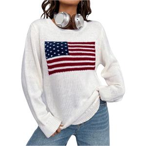 GORGLITTER Women's American Flag Fall Sweaters 2025 Oversized Long Sleeve Knit Graphic Pullover Top (X-Large, White Letter)