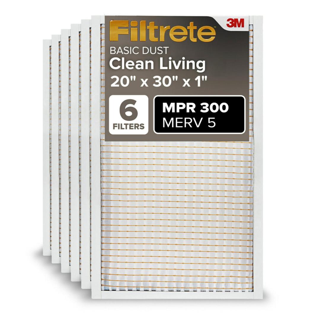 Filtrete Clean Living Basic Dust AC Furnace Air Filter, MPR 300, 20 x 30 x 1-Inches, 6-Pack