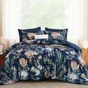Luxudecor King Comforter Set 7 Pieces Bedding Sets, Navy Blue Floral Comforter and Sheet Set, Soft Microfiber Bed in a Bag for All Seasons (Navy Blue,104"x90")