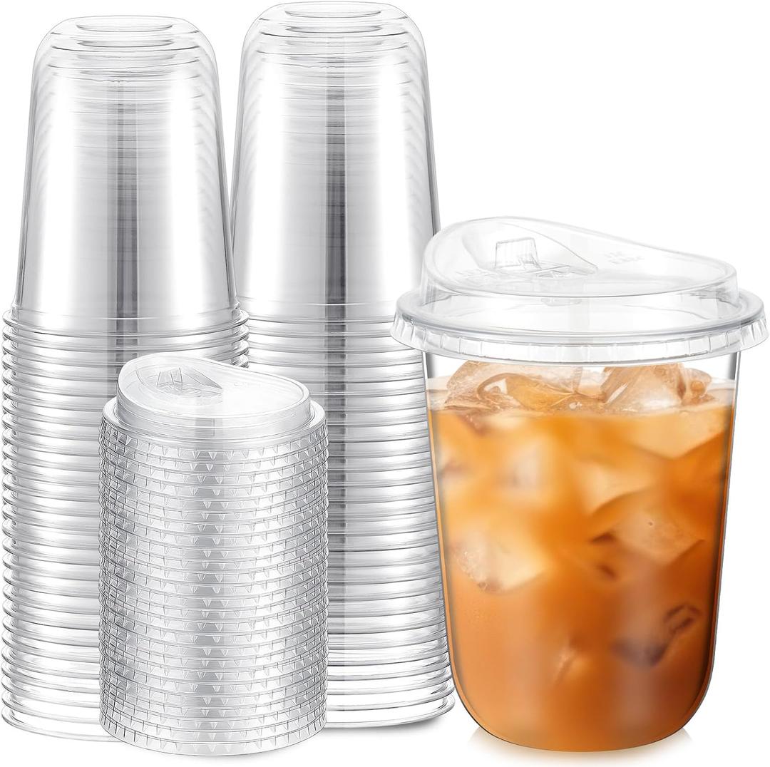 50 Pack 16 oz Clear Plastic Cups with Strawless Sip Lids Disposable Pet Iced Coffee Round Bottom Cup for Iced Coffee Juice Smoothie Cold Beverage Milkshake Bubble
