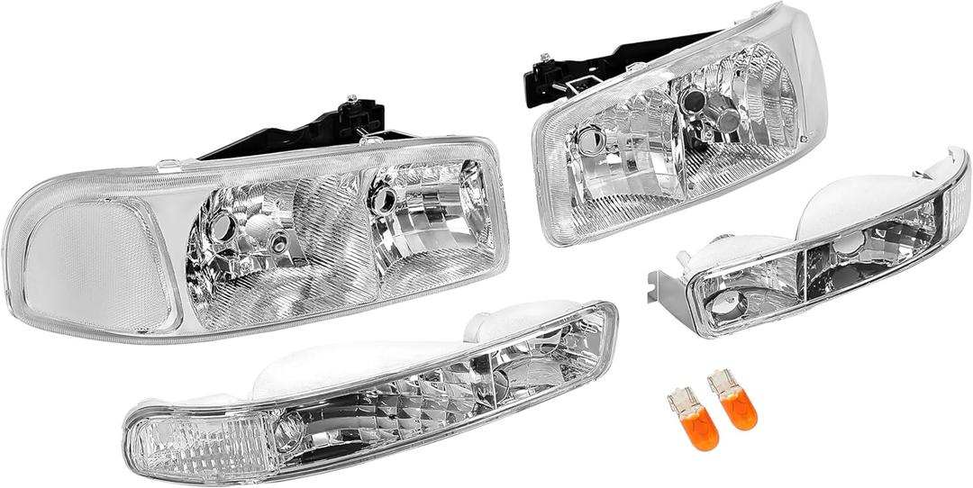 KUAFU Headlight+Corner Light Compatible with 1999-2007 GMC Sierra 1500 2500 3500 C3 1999-2006 Yukon Replacement for 15850351 15850352 Halogen Headlamp Pair Clear Lens Chrome Housing Clear Corner Light