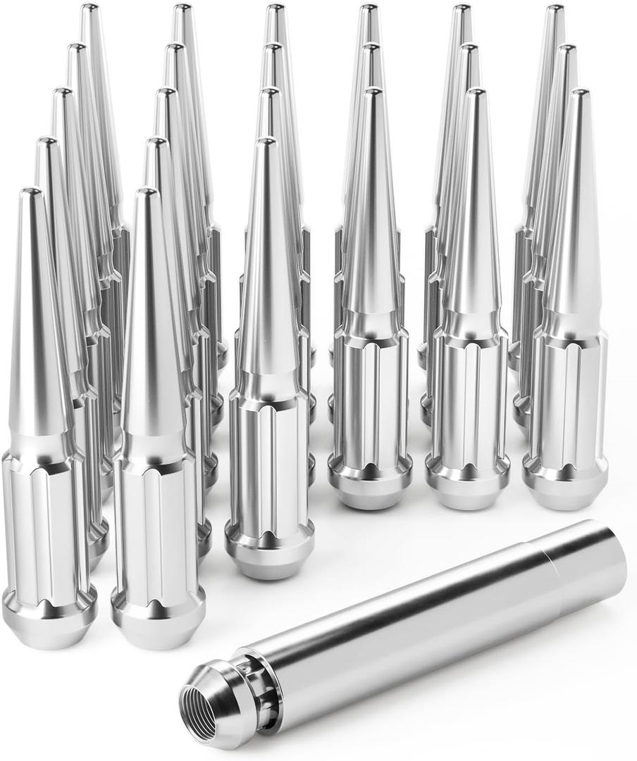 Orion Motor Tech 14x1.5 Lug Nuts Chrome 24 Piece, M14x1.5 Spike Lug Nuts Wheel Accessories Compatible with Chevy Ram Ford and GMC (Silver)