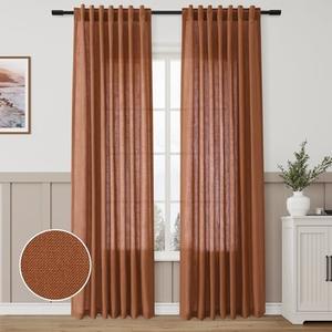 Boho Terracotta Linen Curtains 2 panels for Living Room Bab Tab Light Filtering Sheer Window Curtains Traditional Farmhouse Retro Rust Color Room Decor Desert Earthy Tone Drapes 84 inches Long 52x84