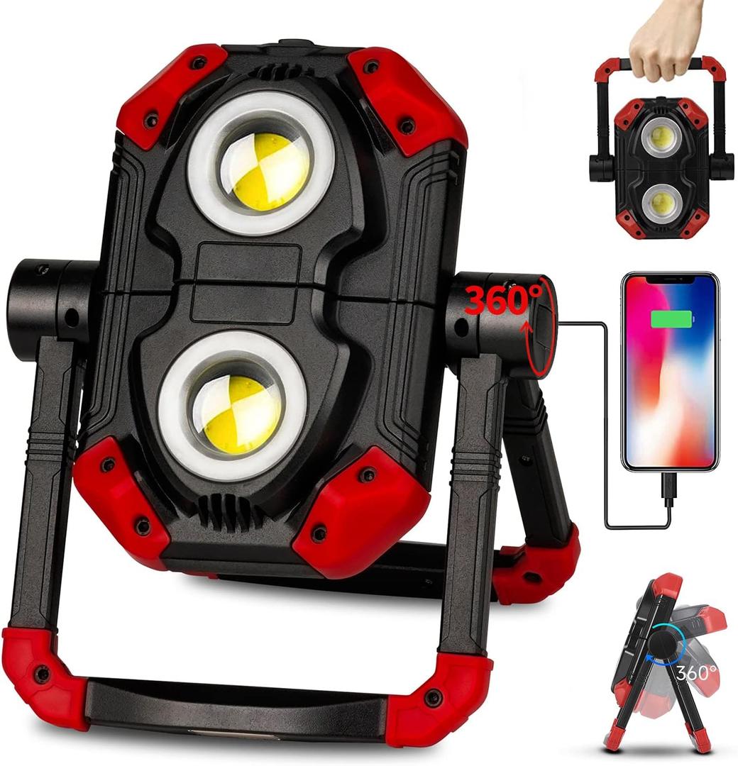 Yzoni LED Work Light Rechargeable, 2 COB 2500LM Folding Portable Flood Light with Magnetic Base and 360 Rotation Stand, Spotlights for Camping, Car Repairing, Emergency and Job Site Lighting (Dark Red)