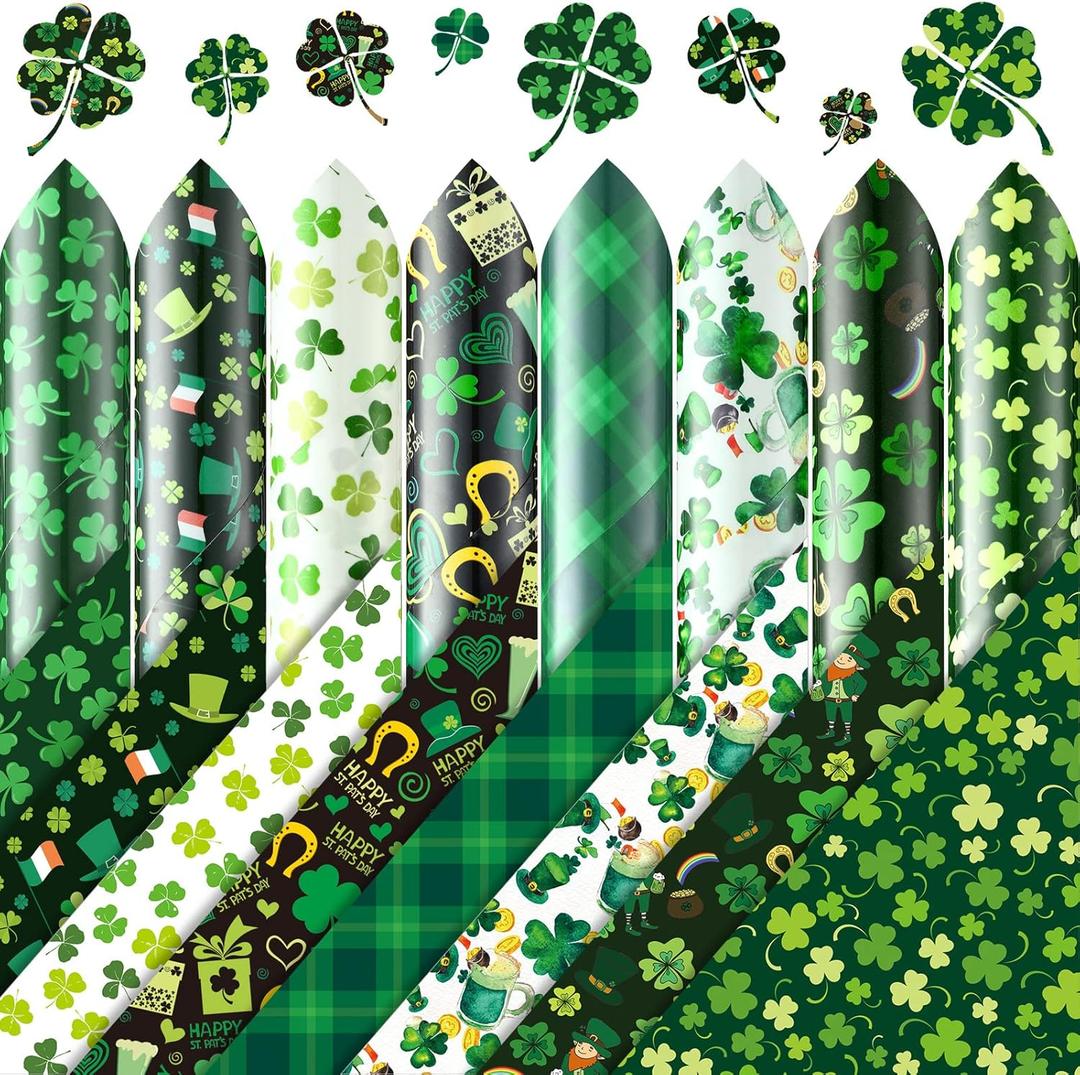 Chinco 8 Sheets St. Patrick's Day Heat Transfer Vinyl 12 x 10 Inch Green Shamrock Iron on Vinyl Printed Heat Transfer 3D Clover Pattern HTV Permanent Self Adhesive Self Sticker for DIY Crafts