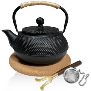 Japanese Cast Iron Teapot,Cast Iron Tea Kettle Stovetop Safe, Tea Kettle with Stainless Steel Infuser,For Wood/Campfire/Gas Stove Top(22 oz/650 ml,Black)