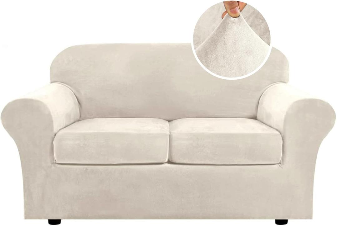 H.VERSAILTEX Real Velvet Plush 3 Piece Stretch Sofa Covers Couch Covers for 2 Cushion Couch Loveseat Covers Width Up to 72 Inch Feature Thick Soft Stay in Place (Medium Sofa, Ivory)