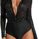 Conshvi Sexy Sequin Bodysuit for Women Sparkly Deep V Neck Long Sleeve One Piece Body Suit Tops (Large, Black)