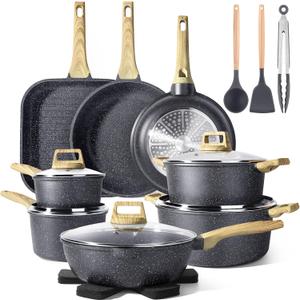 GiPP 21Psc Pots and Pans Set Non Stick - Grey Granite Kitchen Cookware Sets Nonstick Induction Cookware Non-Toxic Cooking Pan Set with Silicone Utensils, PFOS and PFOA Free (Black)