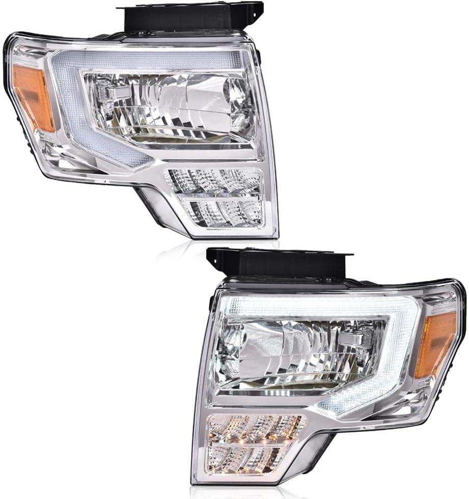 PIT66 LED Bar Headlights Assembly Compatible with Ford F150 2009 2010 2011 2012 2013 2014 Headlamp Replacement Pair Clear Lens Chrome Housing 