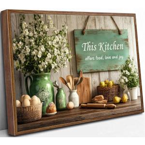 Framed Country Kitchen Food Still Life Canvas Wall art Vintage Rustic Farmhouse This Kitchen Offers Food Love and Joy Painting Picture Wall Decor Poster Print Artwork for Dining Room Home Decoration