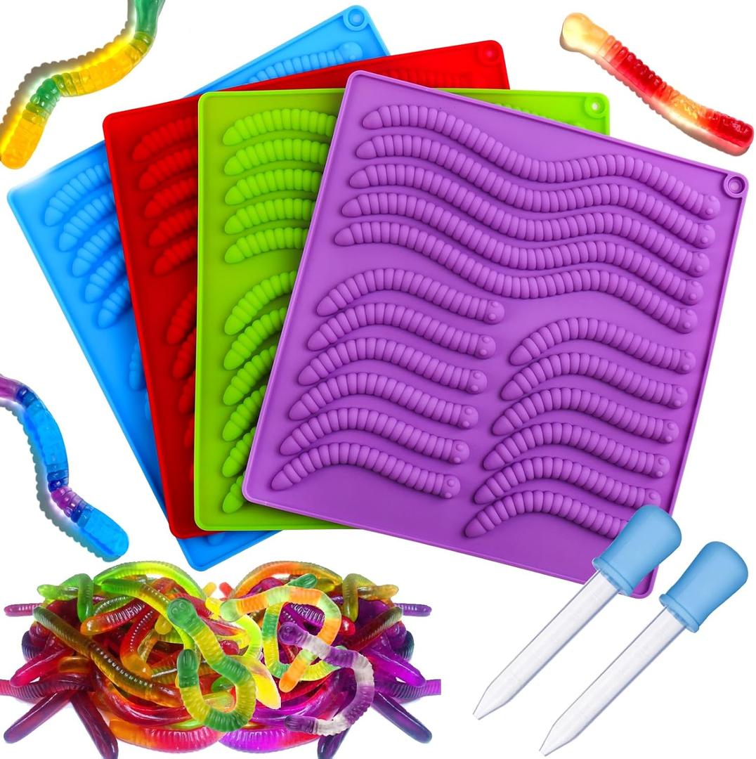 Palksky 4PCS Gummy Worm Molds Silicone for Gummies Candy, Large Fruit Snack Molds for Kids