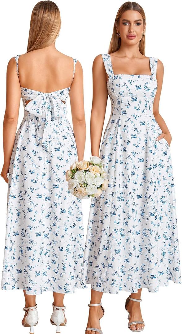 KUTUMAI Women Summer Bow Tie Floral Corset Midi Engagement Photo Dress (White, S)