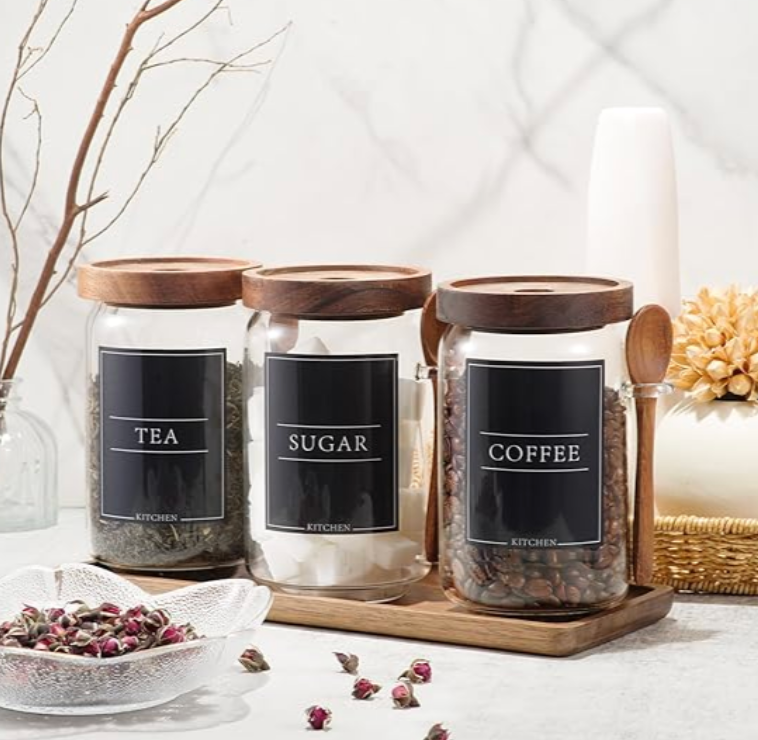 KOSKIMER Coffee and Sugar Container Set, Glass Coffee Jars with Wooden Lids and Scoops, Decorative Sugar Tea Creamer Canisters for Kitchen Countertop (25oz)