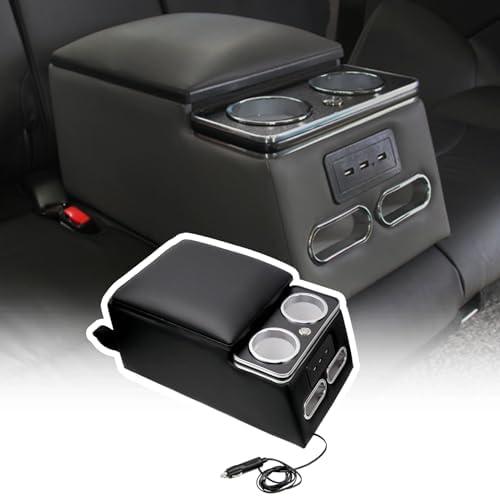 ZQULOYO Center Console Organizer with LED Light, USB Ports, Cup Holder, Phone Holder for Car & Van & Truck Back Bench Seat Armrest Business Middle Storage Box (Black, Without Wireless Charger)