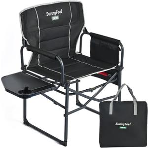 SUNNYFEEL Camping Directors Chair, Heavy Duty,Oversized Portable Folding Chair with Side Table, Pocket for Beach, Fishing,Trip,Picnic,Lawn,Concert Outdoor Foldable Camp Chairs (Padded Black)