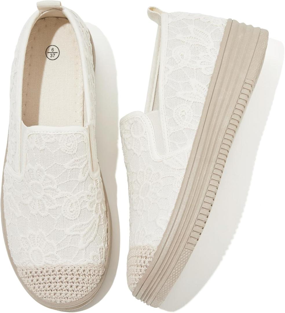Shupua Womens Espadrilles Slip on Shoes Stylish Lace Casual Loafers Lightweight Platform Sneakers Comfortable Spring Flat Shoes for Office, Work, Walking, Size 39 (US 8)