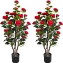 3.4ft Artificial Camellia Tree | Red Flowers & Green Leaves | Indoor Outdoor Decor, No Maintenance (2 Pack - Red)