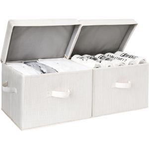 StorageWorks Fabric Storage Bins with Lid, Decorative Storage Boxes for Shelves, Stackable Closet Organizer Basket with Handles, Large, Mixing of Beige, White & Ivory, 2-Pack