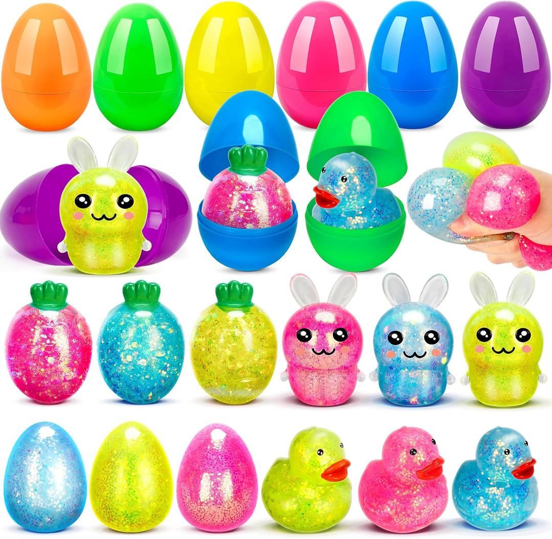 12 Pack Prefilled Easter Eggs with Squeeze Ball Toys, Surprise Filled Easter Egg Fillers with Stress Ball Inside for Kids Age 3+, Easter Party Favors Gifts and Egg Hunt Supplies for Boys Girls