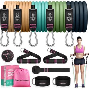 RENRANRING Resistance Bands for Working Out, 150LBS Exercise Bands, Workout Bands, Resistance Bands Set with Handles for Men Women, Legs Ankle Straps for Muscle Training (51.0 inch, Light yellow, yellow, Blue, Green, Navy blue)