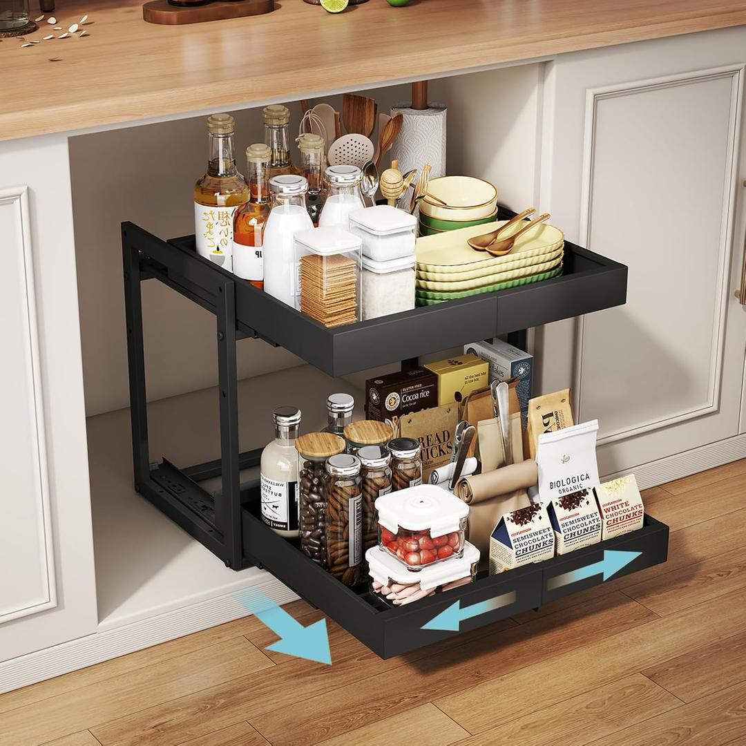 Golener 2-Tier Expandable Pull Out Cabinet Organizer - Pull-Out Drawers for Kitchen Cabinets, 2 Slide Home Storage Organizers, Slide Out Shelves for Base Cabinet Organization in Kitchen, Black Metal (16" Deep)