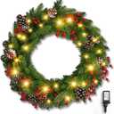 Brightown 24 Inch Pre-Lit Artificial Christmas Wreaths for Front Door,Christmas Decorations Indoor with Pine Cones & Berry Clusters, Christmas Wreath with 50 Lights for Fireplace Wall Window, Plug-in