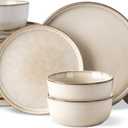 GBHOME Ceramic Dinnerware Sets for 8, 24 Pieces Stoneware Plates and Bowls Sets, Scratch Resistant Dishes, Dishwasher & Microwave Safe, Reactive Glaze-Cappuccino